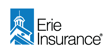 The Erie Insurance logo features a blue building spire and roof design on the left, complemented by the company name in bold black text on the right.