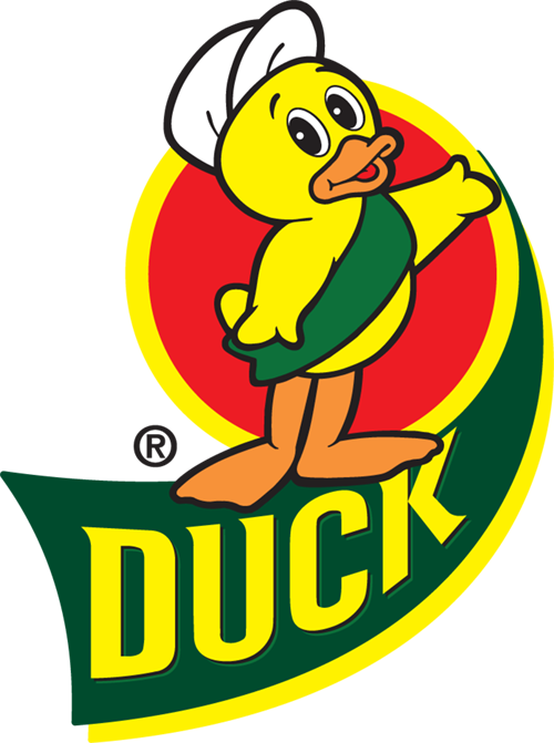 Illustration of a cheerful yellow duck wearing a white cap and green sash, with the word "DUCK" written below it. The background features a red circle and green and yellow shapes, perfect for promoting a fun Duck Party.