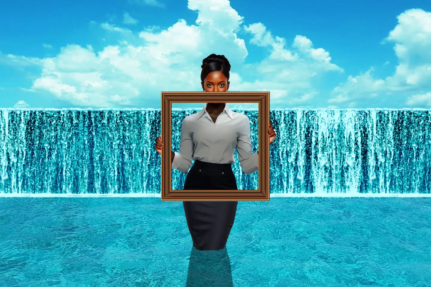 A woman stands waist-deep in water before a waterfall, holding an empty picture frame over her face—a striking visual metaphor for creative communications. Blue sky and clouds provide the perfect marketing backdrop.