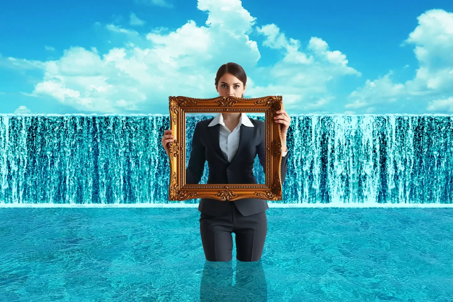 A woman in a suit, symbolizing Corporate Communications, stands knee-deep in water, holding an empty ornate frame that reveals a waterfall behind her under a blue sky with clouds.